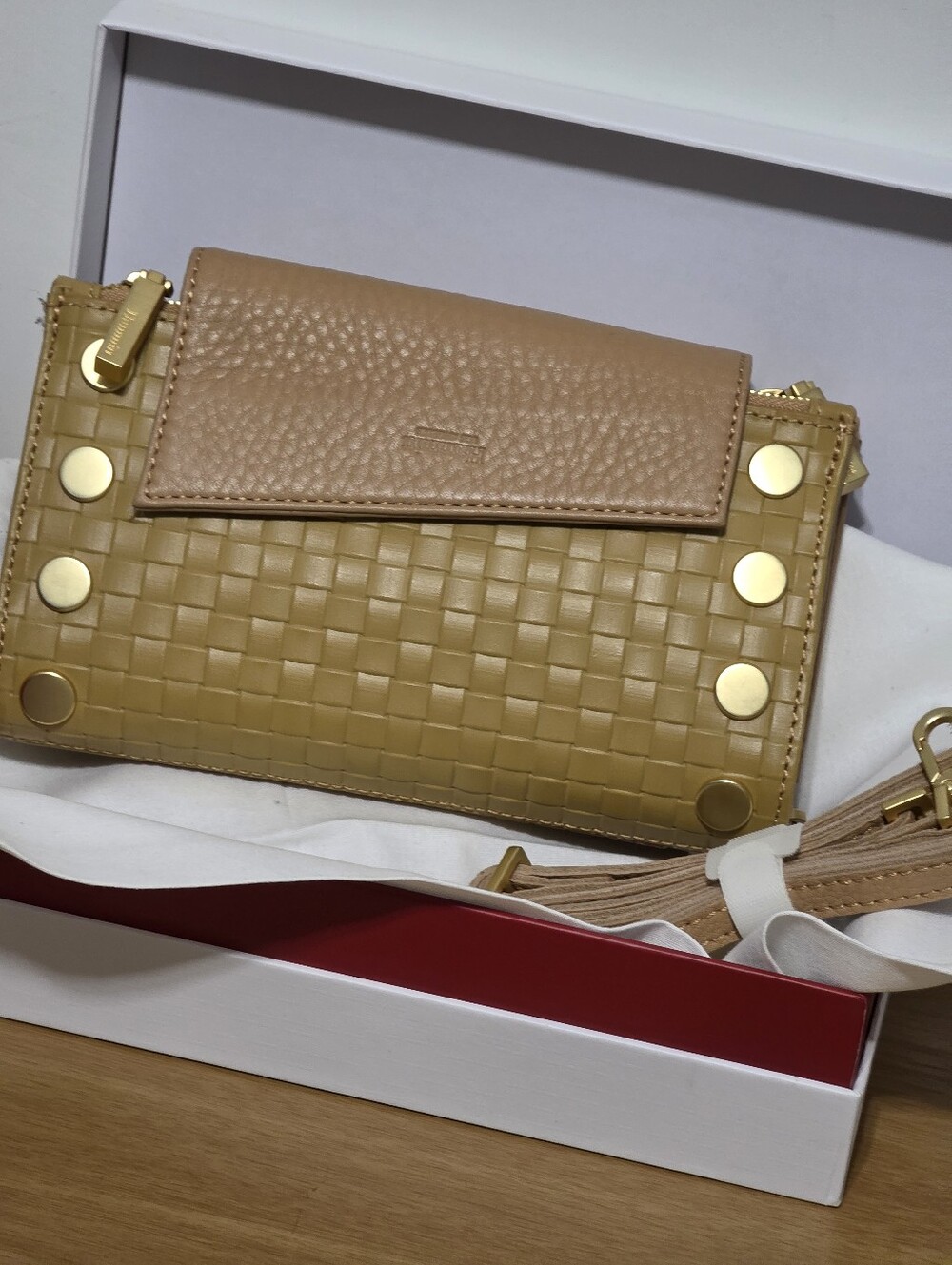 Hammitt Two-Tone Tan Woven Crossbody with Gold Hardware